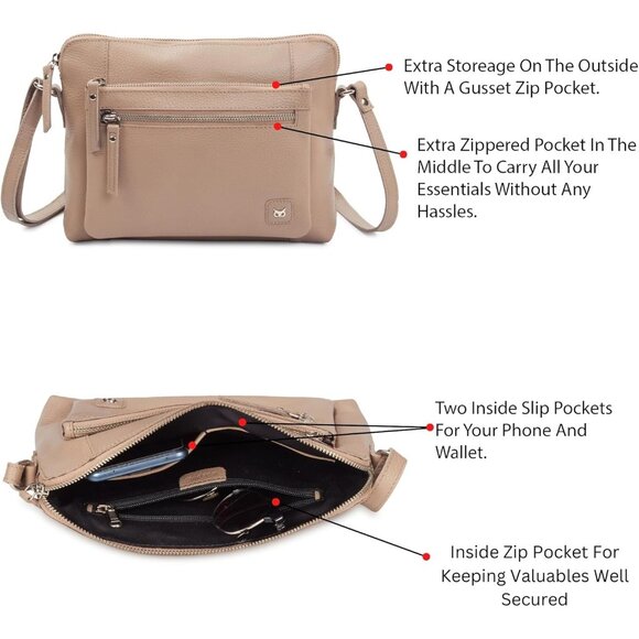 Women Taupe Imported Leather Polyester Crossbody Sling Shoulder Crossover Bag - Picture 4 of 6